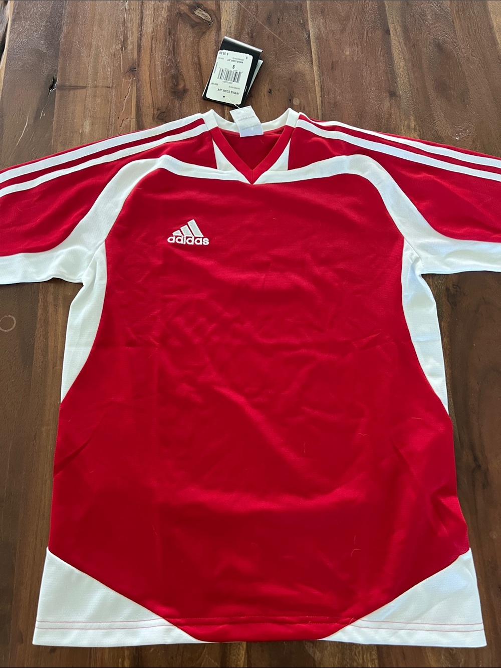 adidas Men’s Red and White Soccer Jersey with Three-Stripe Shoulders